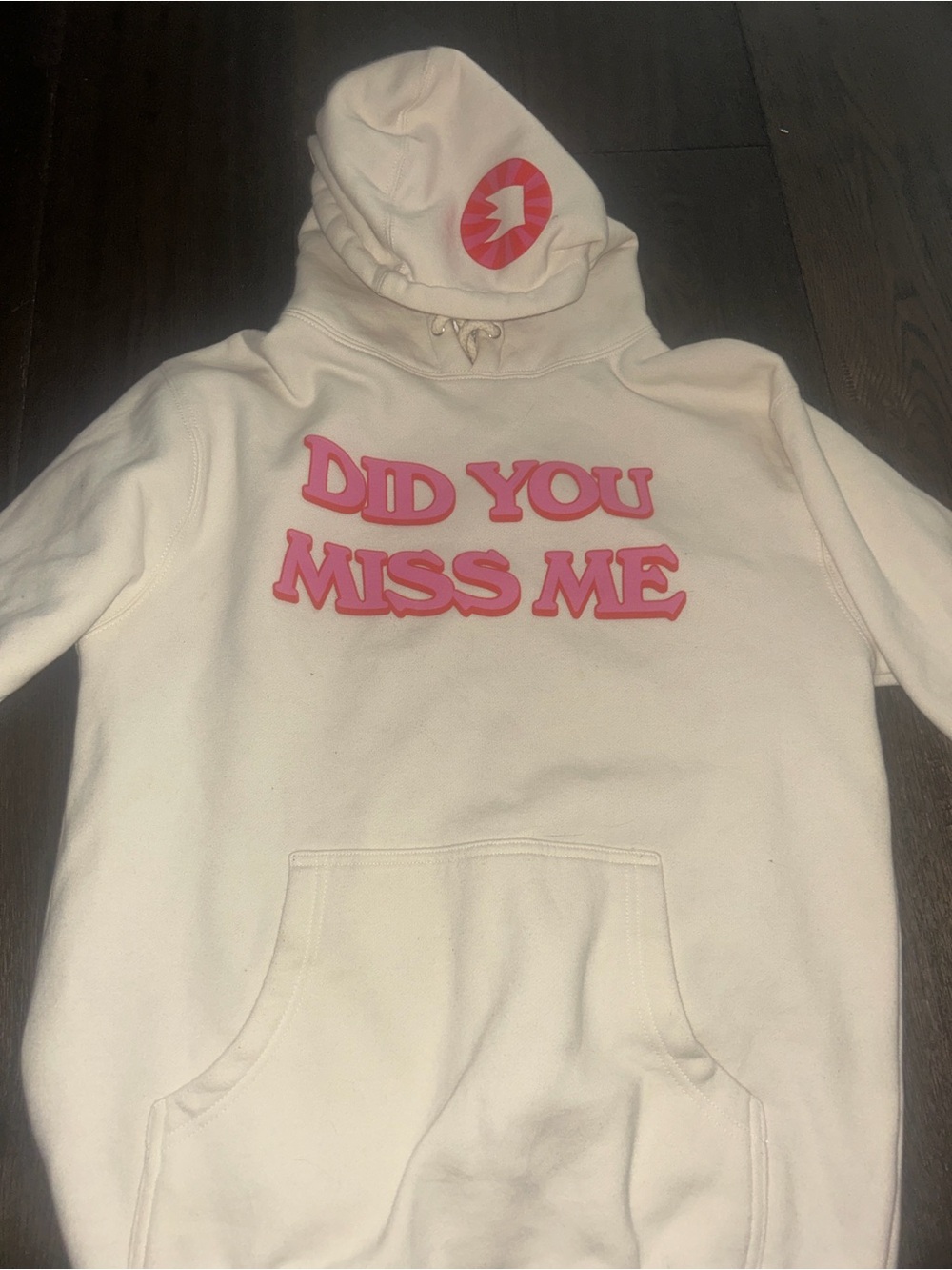 Cream Hoodie with Pink "DID YOU MISS ME" Text